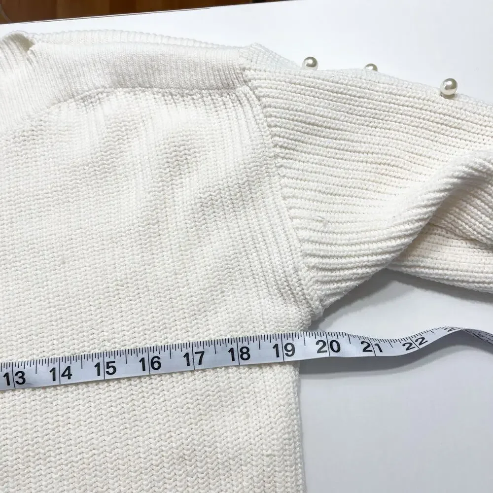 Ann Taylor Cotton‎ Blend White Pearled Sleeves Boat Neck Sz M Pullover Sweater